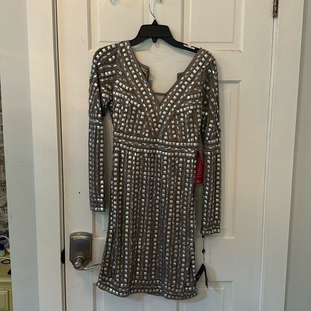 Silver beaded evening dress